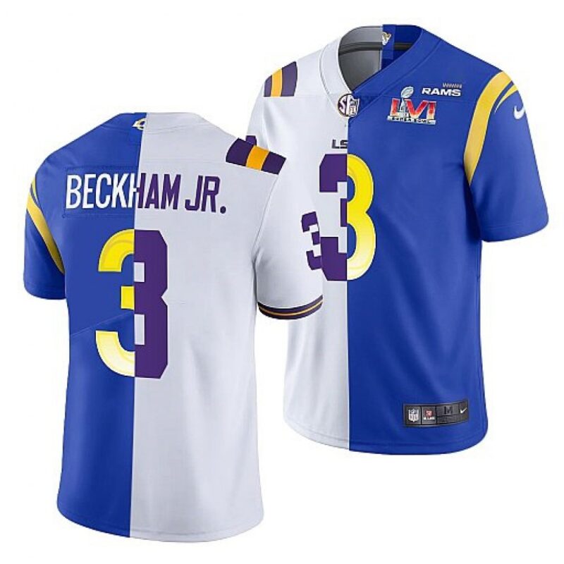 6861e1d925161_1 Men's Los Angeles Rams X LSU Tigers #3 Odell Beckham Jr. White/Royal Split Super Bowl LVI Stitched Jersey