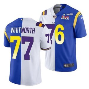 6861e1e79f6de_1 Men's Los Angeles Rams X LSU Tigers #77 Matthew Stafford White/Royal Split Super Bowl LVI Stitched Jersey