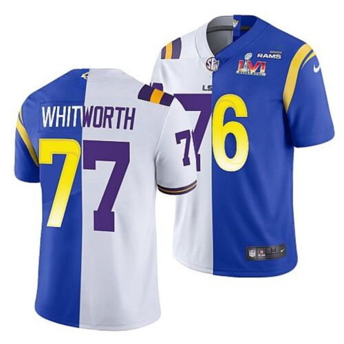 6861e1e79f6de_1 Men's Los Angeles Rams X LSU Tigers #77 Matthew Stafford White/Royal Split Super Bowl LVI Stitched Jersey