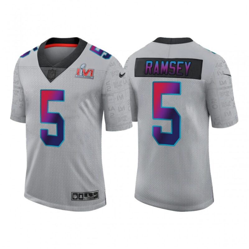 6861e3ee4a56a_1 Men's Los Angeles Rams #5 Jalen Ramsey 2022 Grey Super Bowl LVI Limited Stitched Jersey