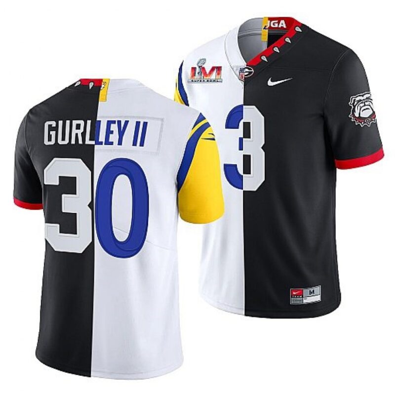 6861e4f753e18_1 Men's Los Angeles Rams X Georgia Bulldogs #30 Todd Gurley II Black/White Split Super Bowl LVI Stitched Jersey