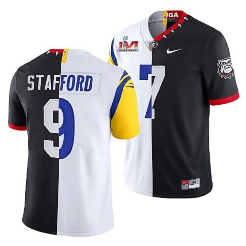 6861e504ae006_1 Men's Los Angeles Rams X Georgia Bulldogs #9 Matthew Stafford Black/White Split Super Bowl LVI Stitched Jersey
