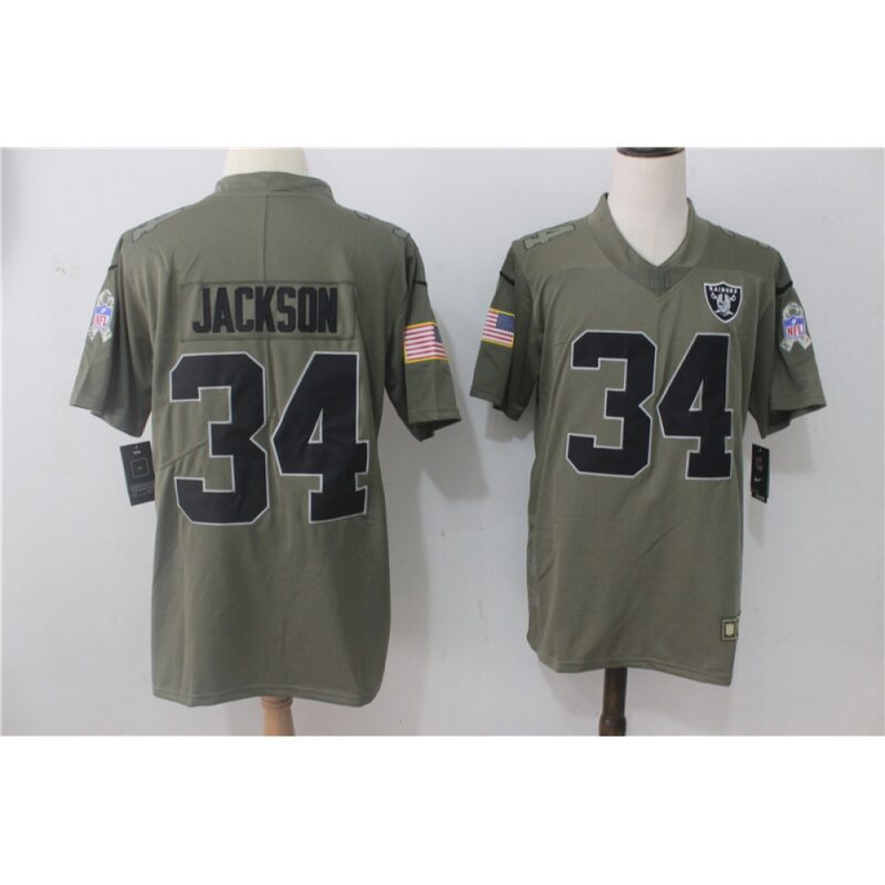 Men's  Oakland Raiders #34 Bo Jackson Olive Salute To Service Limited Stitched NFL Jersey