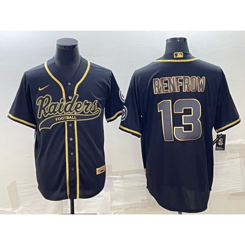 6861f27d70ca1_1 Men's Las Vegas Raiders #13 Hunter Renfrow Black Gold With Patch Cool Base Stitched Baseball Jersey