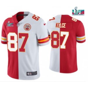 686200412795d_1 Men's Kansas City Chiefs #87 Travis Kelce Red & White Split Super Bowl LVII Patch Limited Stitched Jersey