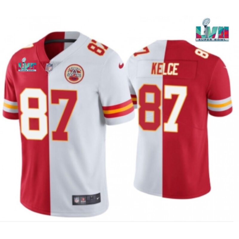 686200412795d_1 Men's Kansas City Chiefs #87 Travis Kelce Red & White Split Super Bowl LVII Patch Limited Stitched Jersey