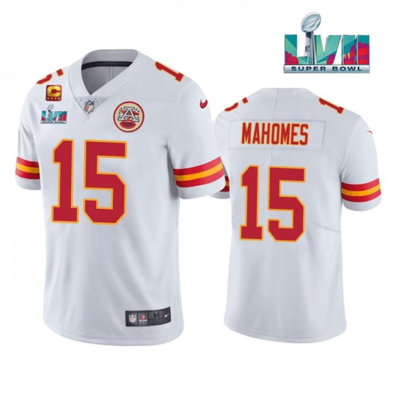 6862017610b18_1 Men's Kansas City Chiefs #15 Patrick Mahomes White Super Bowl LVII Patch And 4-star C Patch Vapor Untouchable Limited Stitched Jersey