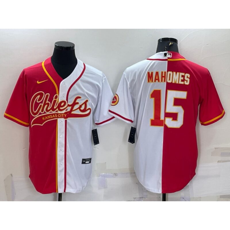 6862033f6f984_1 Men's Kansas City Chiefs #15 Patrick Mahomes Red/White Split With Patch Cool Base Stitched Baseball Jersey
