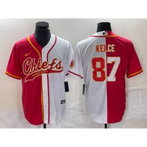 6862034c7797b_1 Men's Kansas City Chiefs #87 Travis Kelce Red White Split Cool Base Stitched Baseball Jersey
