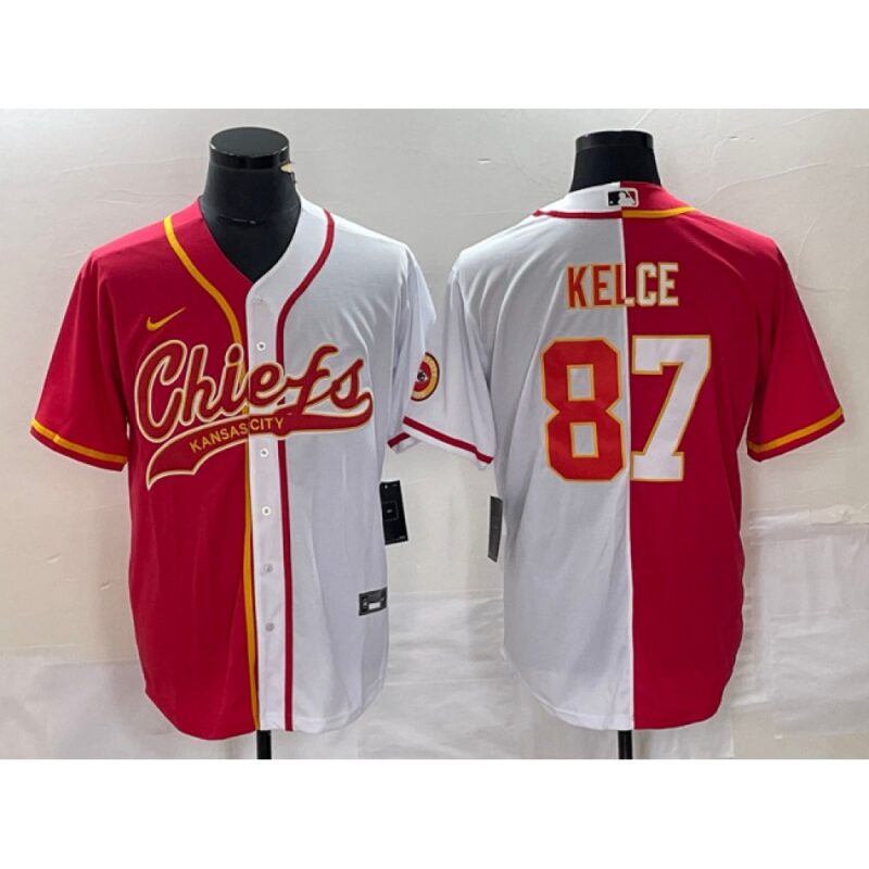 6862034c7797b_1 Men's Kansas City Chiefs #87 Travis Kelce Red White Split Cool Base Stitched Baseball Jersey