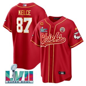 686203505813b_1 Men's Kansas City Chiefs #87 Travis Kelce Red With 4-star C Patch And Super Bowl LVII Patch Cool Bae Stitched Baseball Jersey