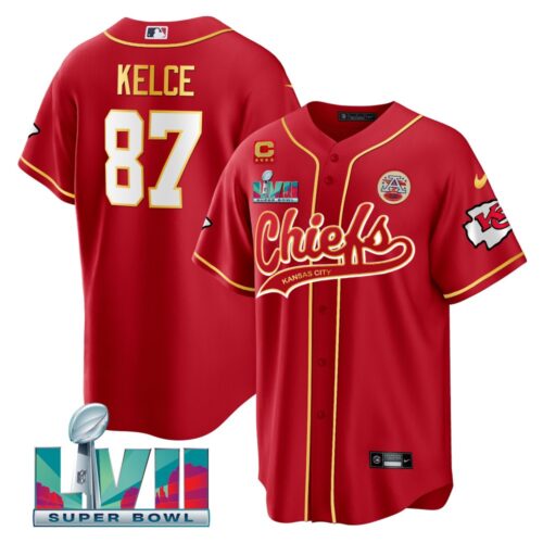 686203505813b_1 Men's Kansas City Chiefs #87 Travis Kelce Red With 4-star C Patch And Super Bowl LVII Patch Cool Bae Stitched Baseball Jersey