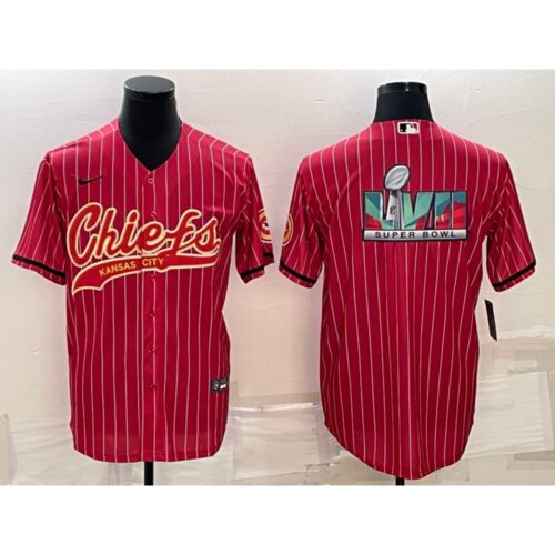 6862038751011_1 Men's Kansas City Chiefs Red With Super Bowl LVII Big Logo Cool Base Stitched Baseball Jersey