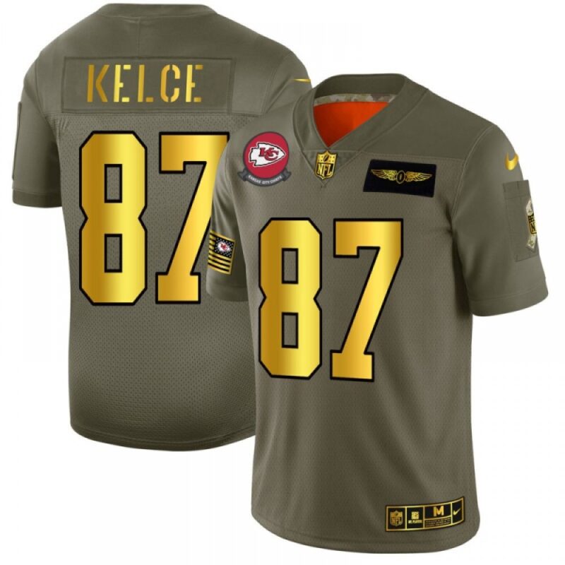 686205615dde7_1 Men's Kansas City Chiefs #87 Travis Kelce 2019 Olive/Gold Salute To Service Limited Stitched NFL Jersey