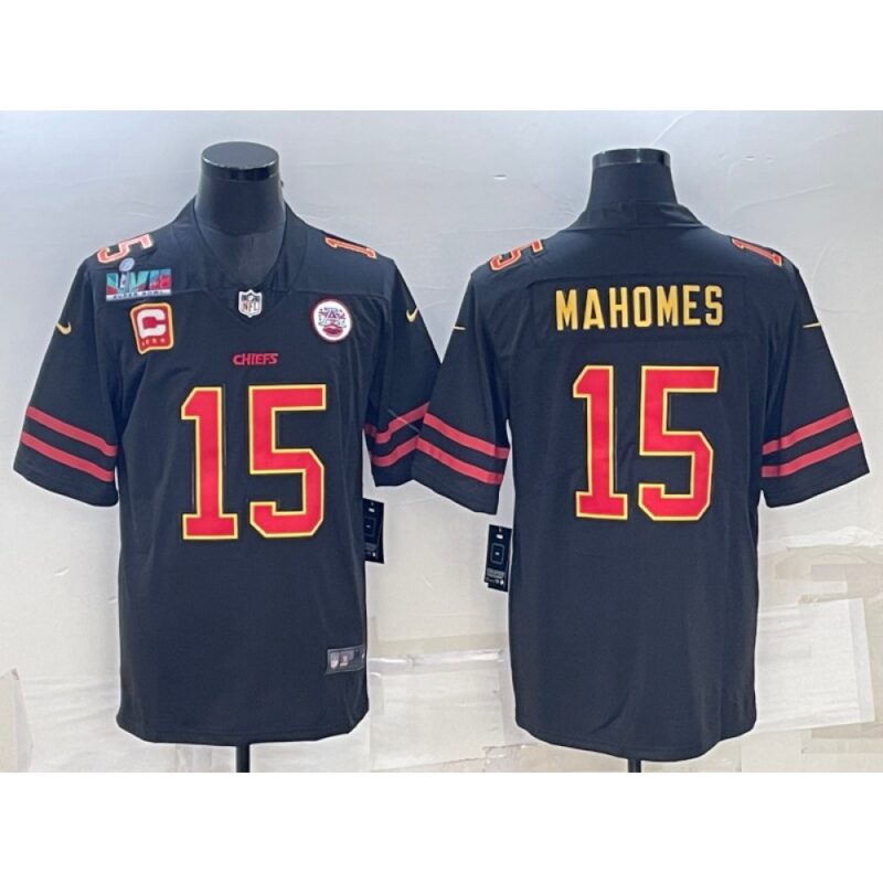 686205bc8be92_1 Men's Kansas City Chiefs #15 Patrick Mahomes Black Red Gold Super Bowl LVII Patch And 4-star C Patch Vapor Untouchable Limited Stitched Jersey