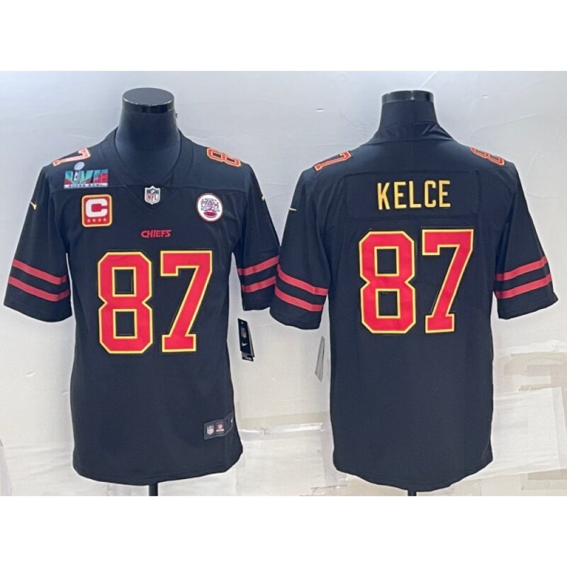68620669bbbc6_1 Men's Kansas City Chiefs #87 Travis Kelce Black Red Gold Super Bowl LVII Patch And 4-star C Patch Vapor Untouchable Limited Stitched Jersey