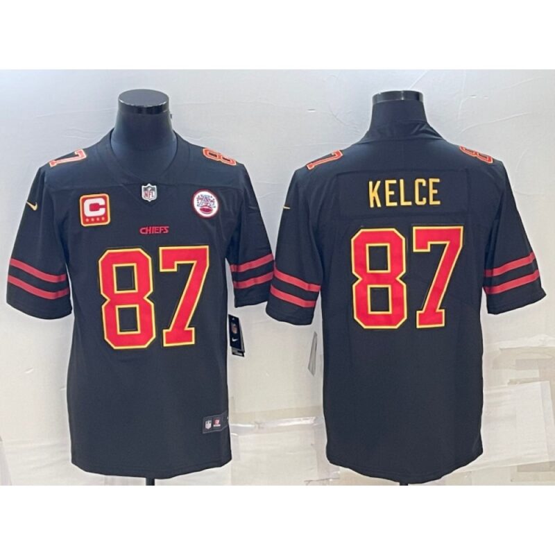 6862066d8527c_1 Men's Kansas City Chiefs #87 Travis Kelce Black Red Gold 4-star C Patch Vapor Untouchable Limited Stitched Jersey