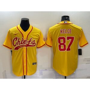 686206daa77ff_1 Men's Kansas City Chiefs #87 Travis Kelce Gold With Patch Cool Base Stitched Baseball Jersey