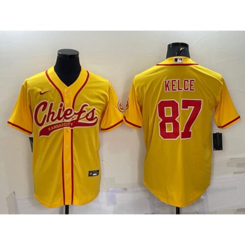 686206daa77ff_1 Men's Kansas City Chiefs #87 Travis Kelce Gold With Patch Cool Base Stitched Baseball Jersey