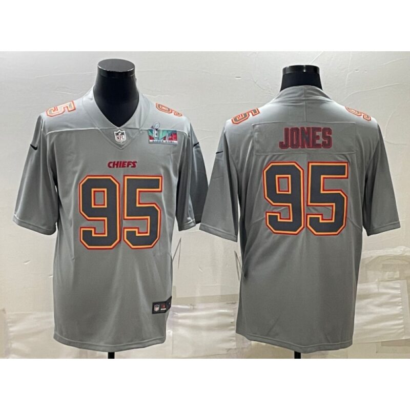 6862070402964_1 Men's Kansas City Chiefs #95 Chris Jones Gray Super Bowl LVII Patch Atmosphere Fashion Stitched Jersey