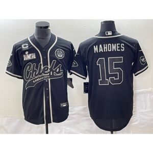 6862076510229_1 Men's Kansas City Chiefs #15 Patrick Mahomes Black With 4-star C Patch And Super Bowl LVII Patch Cool Bae Stitched Baseball Jersey