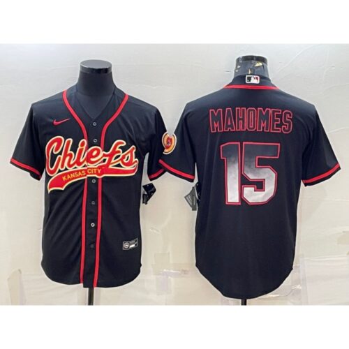 68620783489be_1 Men's Kansas City Chiefs #15 Patrick Mahomes Black Red With Patch Cool Base Stitched Baseball Jersey