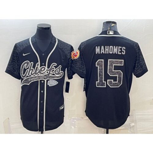 6862078780233_1 Men's Kansas City Chiefs #15 Patrick Mahomes Black Reflective With Patch Cool Base Stitched Baseball Jersey