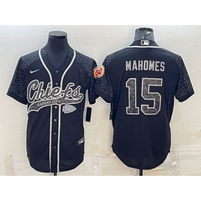 6862078780233_1 Men's Kansas City Chiefs #15 Patrick Mahomes Black Reflective With Patch Cool Base Stitched Baseball Jersey