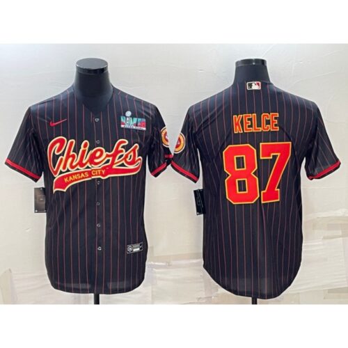6862079ce3a27_1 Men's Kansas City Chiefs #87 Travis Kelce Black With Super Bowl LVII Patch Cool Base Stitched Baseball Jersey