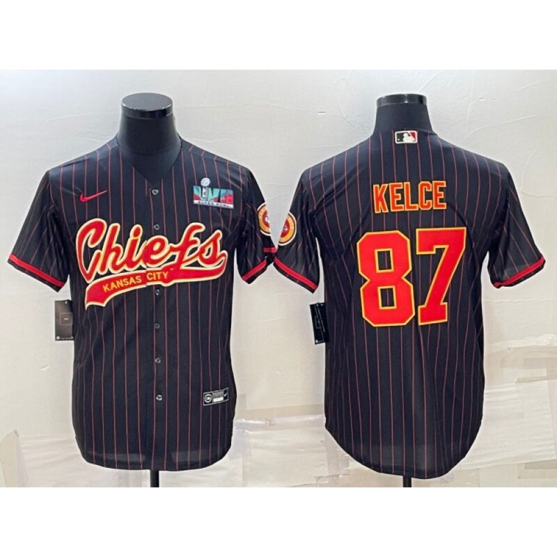 6862079ce3a27_1 Men's Kansas City Chiefs #87 Travis Kelce Black With Super Bowl LVII Patch Cool Base Stitched Baseball Jersey