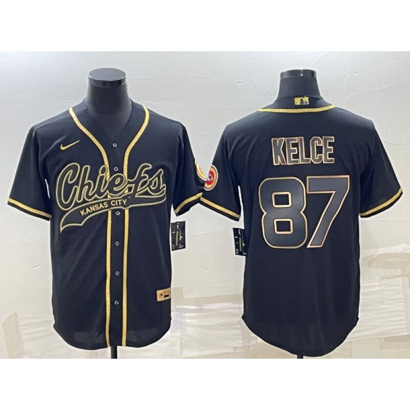 686207a58e694_1 Men's Kansas City Chiefs #87 Travis Kelce Black Gold With Patch Cool Base Stitched Baseball Jersey