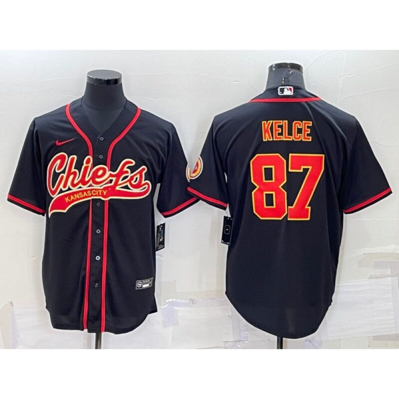 686207b1bcc57_1 Men's Kansas City Chiefs #87 Travis Kelce Black Cool Base Stitched Baseball Jersey