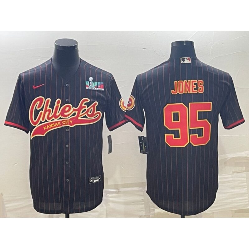 686207b984d49_1 Men's Kansas City Chiefs #95 Chris Jones Black With Super Bowl LVII Patch Cool Base Stitched Baseball Jersey
