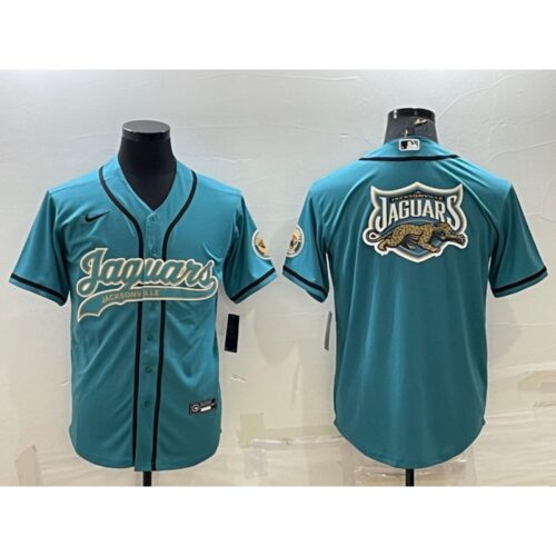 6862099987254_1 Men's Jacksonville Jaguars Teal Team Big Logo With Patch Cool Base Stitched Baseball Jersey