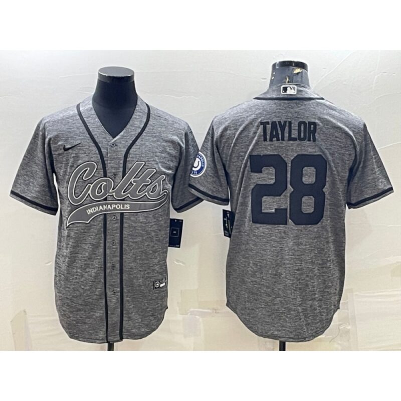 68620e6a942a8_1 Men's Indianapolis Colts #28 Jonathan Taylor Grey With Patch Cool Base Stitched Baseball Jersey