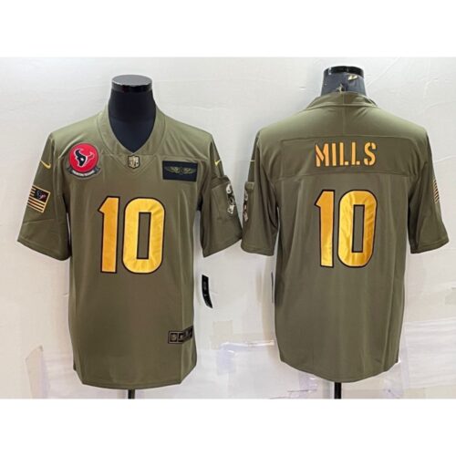 68621058834a4_1 Men's Houston Texans #10 Davis Mills Olive/Gold Salute To Service Limited Stitched Jersey