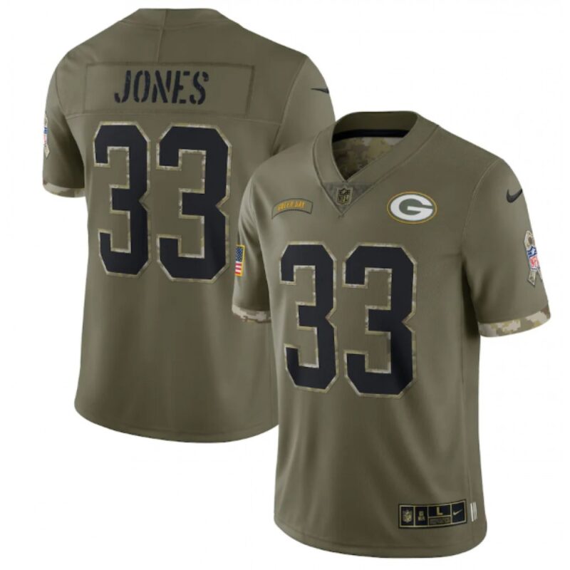 686215977851c_1 Men's Green Bay Packers #33 Aaron Jones Olive 2022 Salute To Service Limited Stitched Jersey