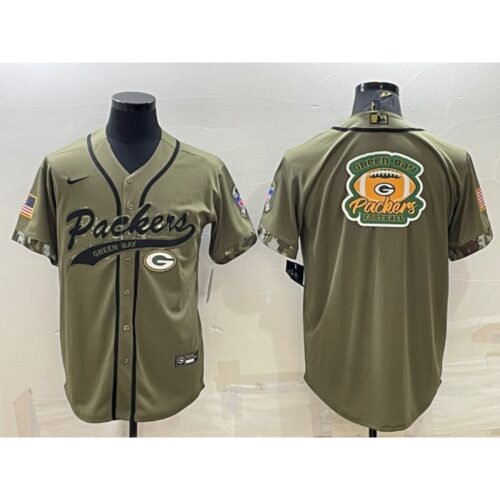 686215f9385f9_1 Men's Green Bay Packers Olive Salute to Service Team Big Logo Cool Base Stitched Baseball Jersey