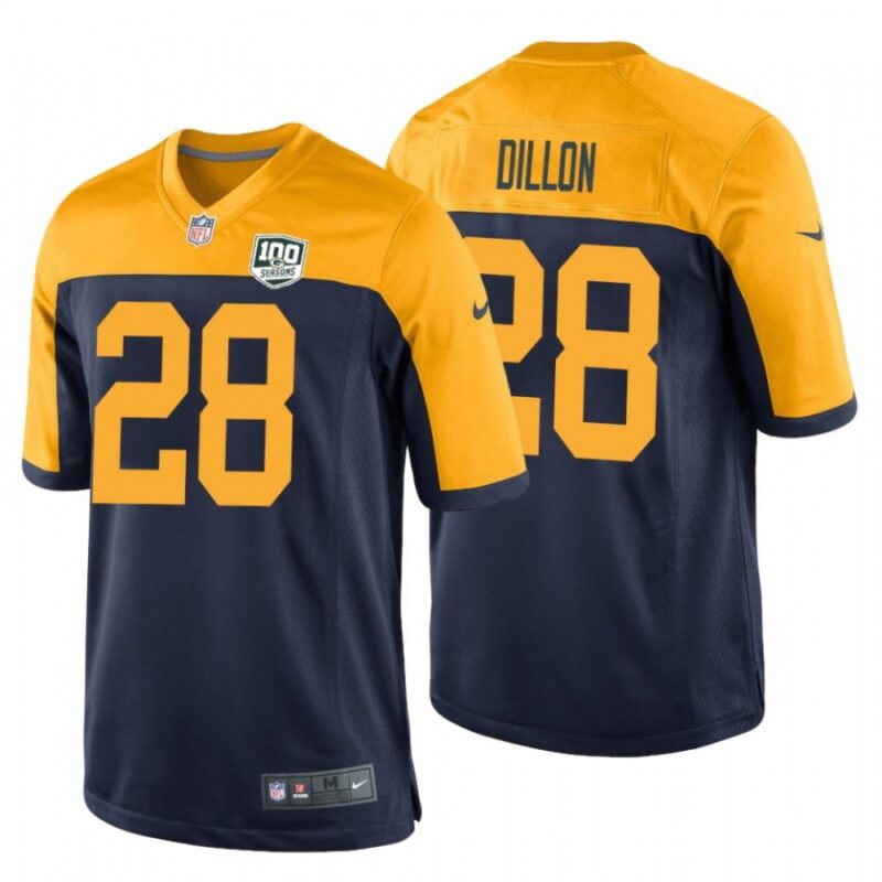686217ca517ff_1 Men's Green Bay Packers #28 AJ Dillon Navy/Gold 100th Season Limited Stitched Jersey