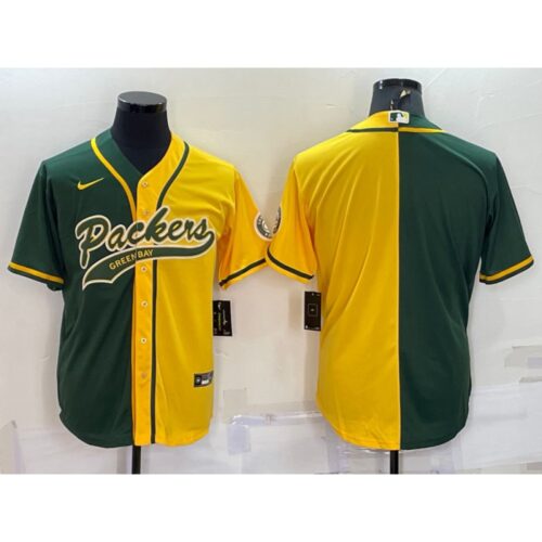 6862188a86b00_1 Men's Green Bay Packers Blank Green/Yellow Split With Patch Cool Base Stitched Baseball Jersey