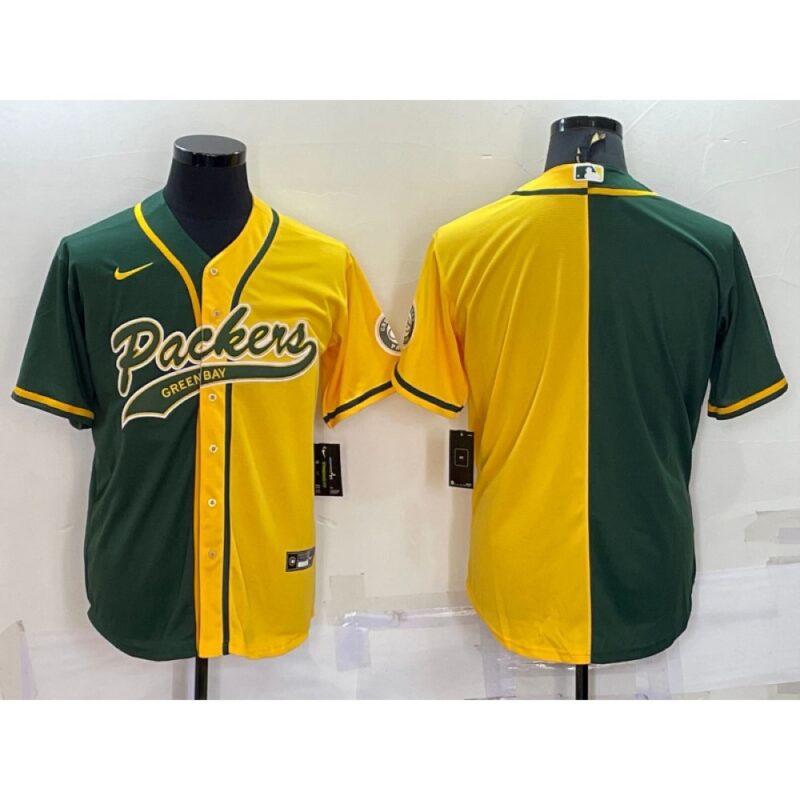 6862188a86b00_1 Men's Green Bay Packers Blank Green/Yellow Split With Patch Cool Base Stitched Baseball Jersey