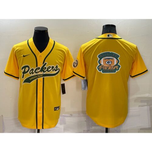 6862189328880_1 Men's Green Bay Packers Yellow Team Big Logo With Patch Cool Base Stitched Baseball Jersey