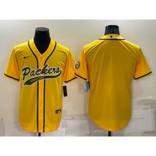 686218a41a854_1 Men's Green Bay Packers Blank Yellow Cool Base Stitched Baseball Jersey