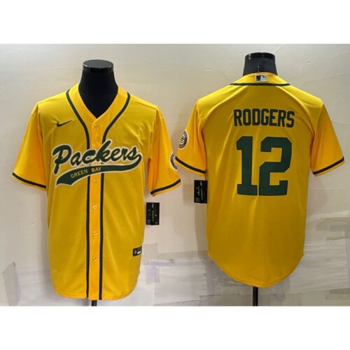 68621a1ca8b9e_1 Men's Green Bay Packers #12 Aaron Rodgers Yellow Cool Base Stitched Baseball Jersey