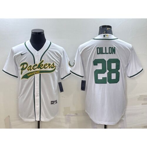 68621a2eddff5_1 Men's Green Bay Packers #28 A.J. Dillon White With Patch Cool Base Stitched Baseball Jersey