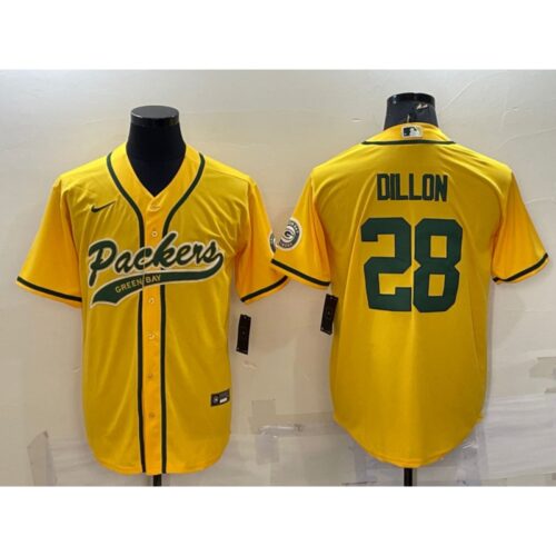 68621a35350b7_1 Men's Green Bay Packers #28 A.J. Dillon Gold With Patch Cool Base Stitched Baseball Jersey