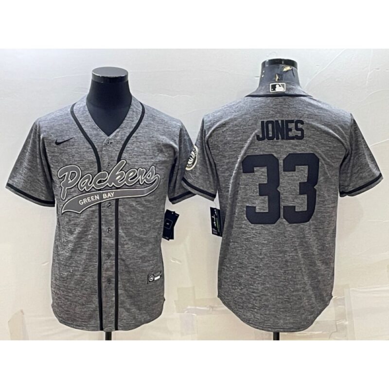 68621a384cf56_1 Men's Green Bay Packers #33 Aaron Jones Grey With Patch Cool Base Stitched Baseball Jersey