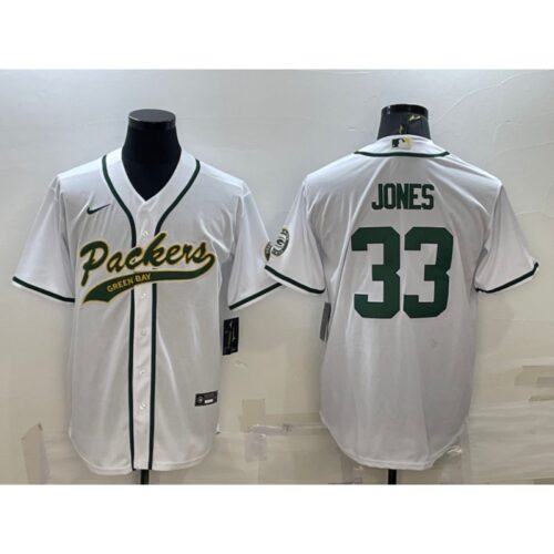 68621a3b88d5c_1 Men's Green Bay Packers #33 Aaron Jones White With Patch Cool Base Stitched Baseball Jersey