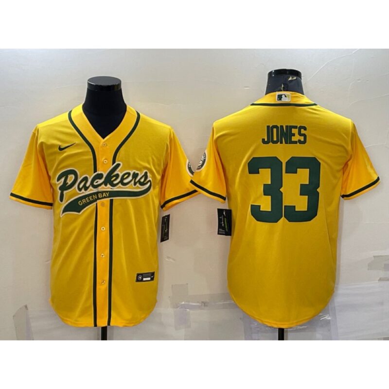 68621a3e95022_1 Men's Green Bay Packers #33 Aaron Jones Gold With Patch Cool Base Stitched Baseball Jersey