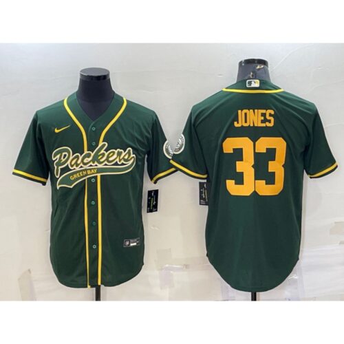 68621a4196de5_1 Men's Green Bay Packers #33 Aaron Jones Green Gold With Patch Cool Base Stitched Baseball Jersey